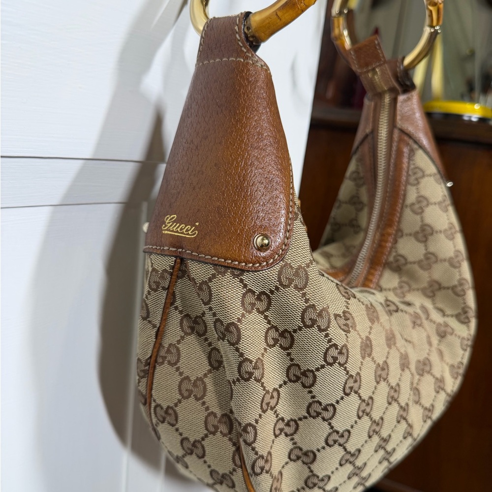 Authentic Gucci Indy GG Canvas Bamboo Ring Hobo Bag Brown Leather - impeccable! - Picture 6 of 10